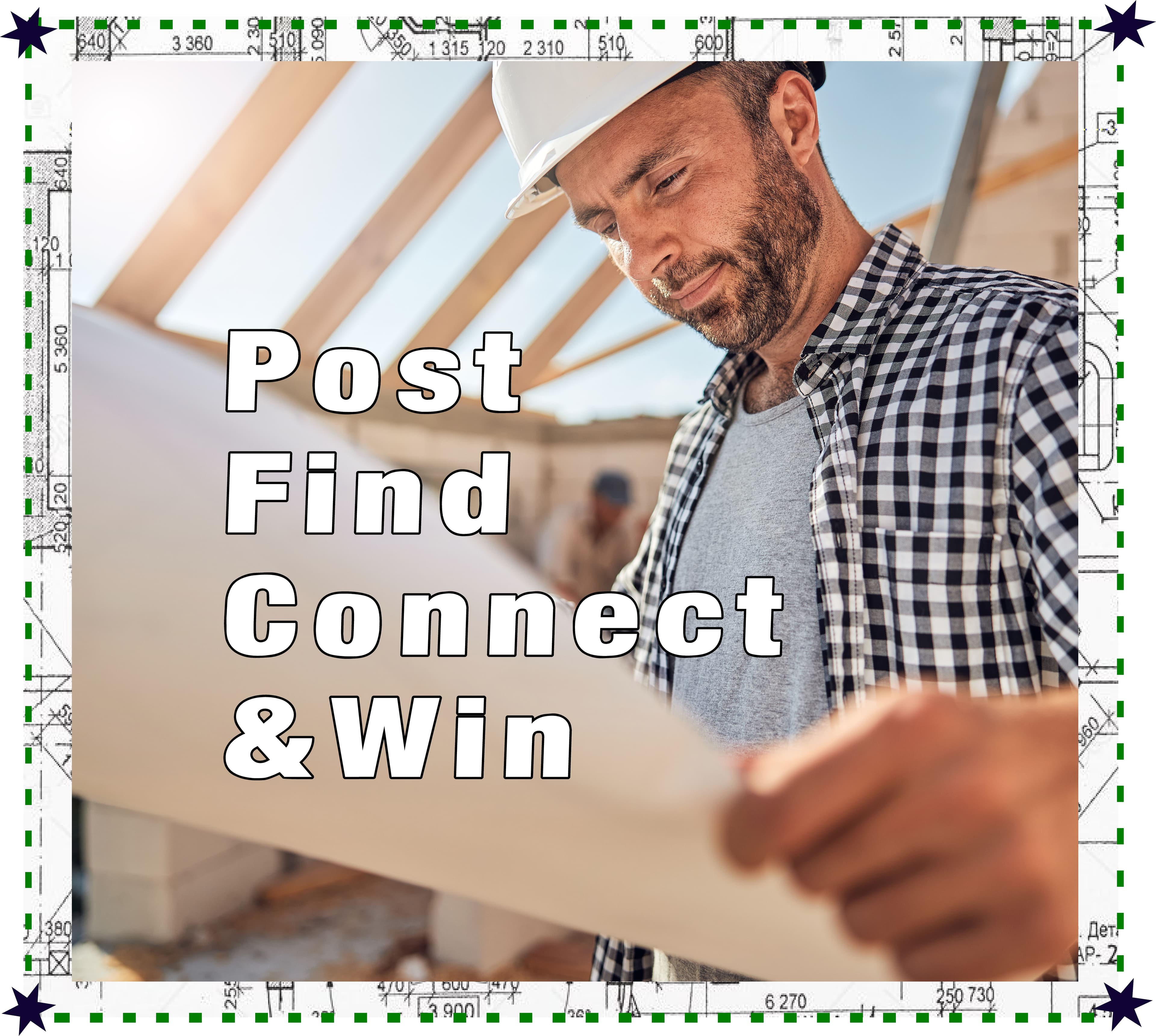 Preconstruction tools visual with Post Find Connect & Win text